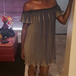 Chelsea and Violet off the shoulder dress blue/tan